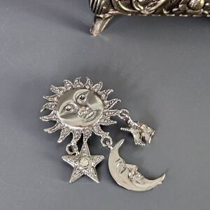 Vintage Silver Toned Celestial Moon Star Dangle Brooch